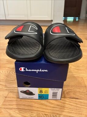 Champion Black Slide Sandals with Red Logo Accent